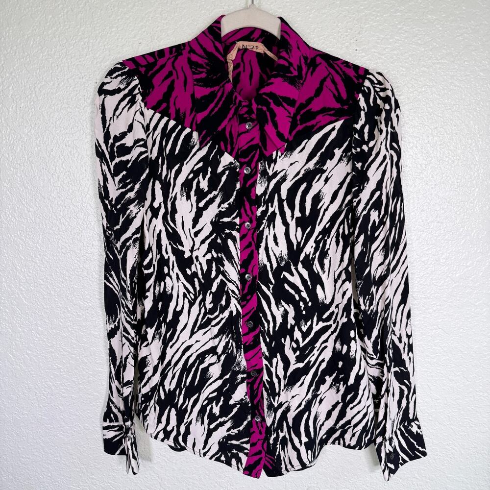 No 21 Top Womens 44 Zebra Animal Button Up Blouse Italy Art to Wear Medium US M